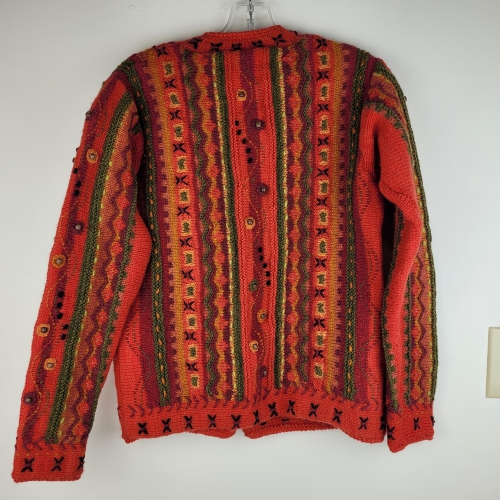 Newari hand knit red wool cardigan sweater Icelandic Design cozy artsy NWT S/M - Picture 4 of 11